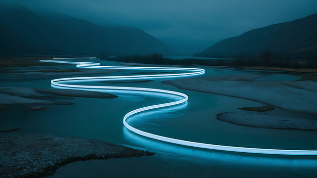 Glowing light path winds through a dark river valley.
