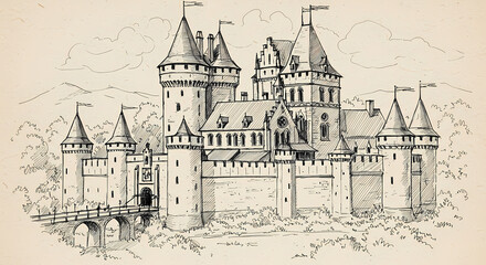 Obraz premium Detailed Hand-Drawn Sketch of a Medieval Castle