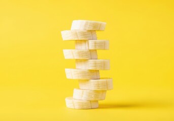 Photo of stack of banana slices isolated on yellow background, close up