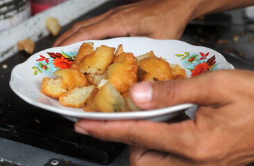 hand holding a plate with food