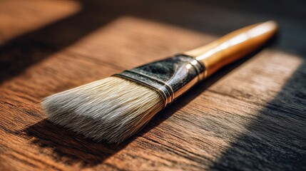A wooden paintbrush resting on a polished wood surface, illuminated by warm sunlight, highlighting its fine bristles.