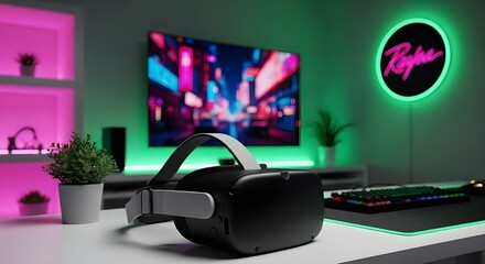 Black VR Goggles with White Strap on White Desk in Modern Gaming Setup Featuring Neon-Lit Cityscape on TV and Colorful LED Lighting