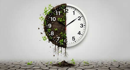 Surreal Round Wall Clock Half Traditional and Half Decaying with Soil and Green Plants Symbolizing Time and Nature