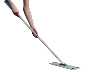 Close-up of fair-skinned hands gripping a long-handled mop with a light gray pole and light blue accents, maneuvering it across a floor.  The mop head is rectangular and appears to be microfiber