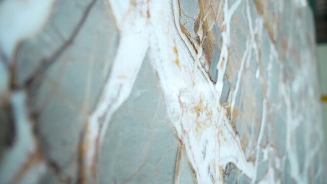 Close-up of natural marble slab with unique veins and patterns in brown, white, and gray. High-quality polished stone surface, perfect for interiors, tiles, countertops, and luxury design visuals.