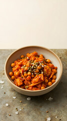 Fototapeta premium Delicious and nutritious chickpea and vegetable dish garnished with seeds, offering vibrant colors, packed with flavor, and healthy plant-based ingredients in a rustic ceramic bowl.