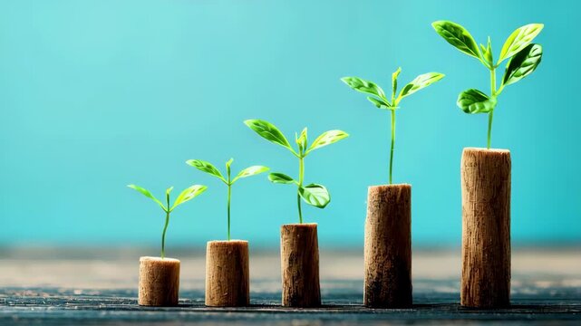Young green plant growth on cork pieces in row with wooden surface and blue background symbolizing nature development progress and seedling sustainability