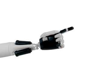 A close-up reveals a robotic arm, predominantly white and black, with intricate mechanical details. Its index finger points towards the right, suggesting direction or interaction