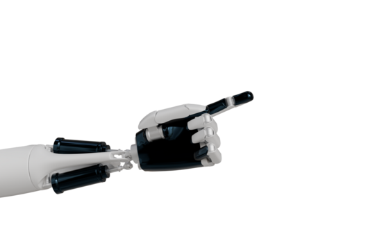 A close-up reveals a robotic arm, predominantly white and black, with intricate mechanical details. Its index finger points towards the right, suggesting direction or interaction