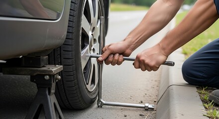 Replacing a car tire on the roadside with focused effort and necessary tools on display