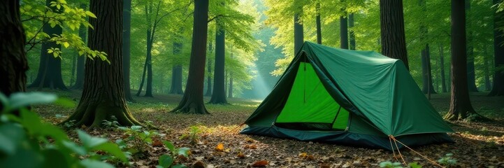 Green canvas tent nestled amongst old-growth forest trees , nature, rustic