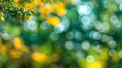 Obraz premium Dreamy natural background, vibrant bokeh effect with leaves in focus