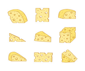 A set of pieces of cheese with holes. Vector illustration of dairy products cheeses.