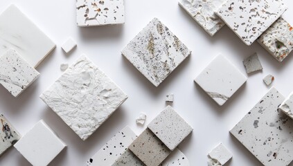 Assorted white and grey stone samples arranged on a white surface