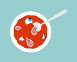 Creepy soup bowl with eyeballs floating in red broth. Halloween or horror-themed concept illustration in flat style.