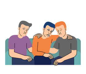 Fototapeta premium Group of friends comforting a sad man. Emotional support, empathy, and mental health awareness. Ideal for social campaigns and psychological topics.