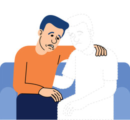 Emotional scene of a man hugging the faded silhouette of a person. Concept of loss, grief, mourning, emotional pain, and mental health.