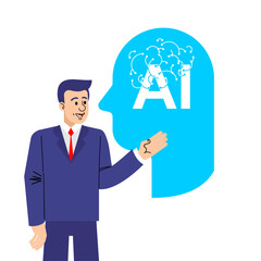 Businessman introducing artificial intelligence technology. AI head icon symbolizing innovation, neural networks, and future tech. Suitable for presentations or tech content.