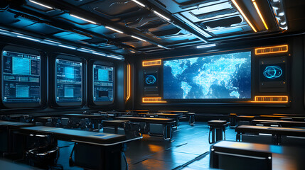 A futuristic control room with desks chairs and large screens displaying world map data and interfaces
