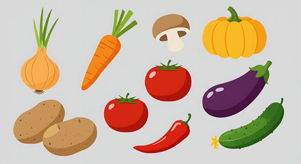 Illustration of various fresh and colorful vegetables isolated on white background