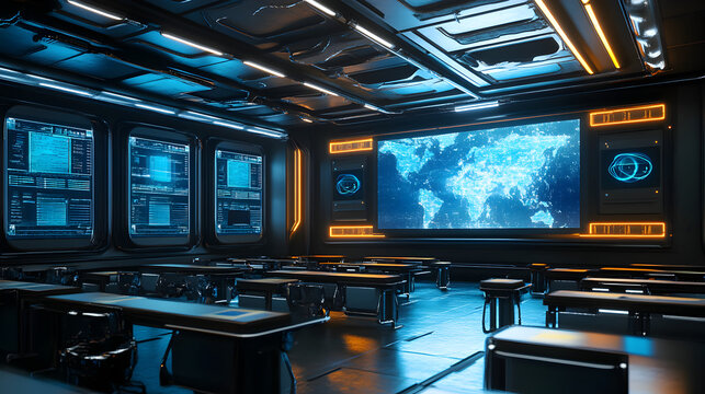 A futuristic control room with desks chairs and large screens displaying world map data and interfaces