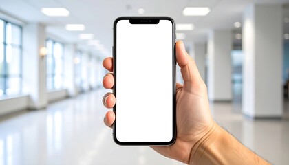 Close-up of a person's hand holding a modern smartphone with a blank white screen, perfect for mockups, with a green plant in the background.