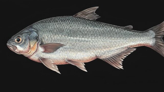 Silver Fish on Black Background - A detailed close-up shot of a silver fish against a stark black backdrop. The fish's scales and fins are clearly visible, showcasing its intricate details.