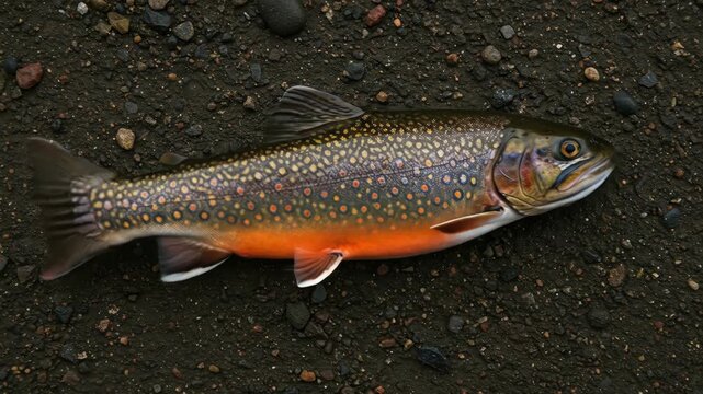 Brook Trout on Riverbank - A freshly caught brook trout lies on a dark, gravelly riverbank. Its vibrant orange belly and speckled back are clearly visible against the contrasting background.