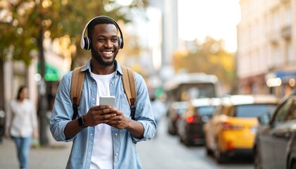 Happy man walking city street, headphones, phone