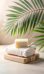 A bar of natural soap resting on a folded white towel, placed on a wooden tray with a large green palm leaf in the background, suggesting a spa or wellness theme