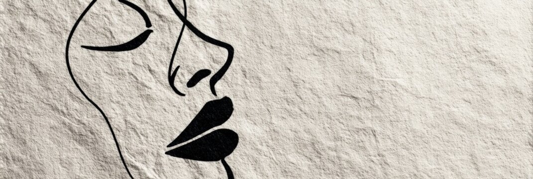 Minimalist Monochrome Face Line Drawing on Cream Textured Background With Open Upper Zone