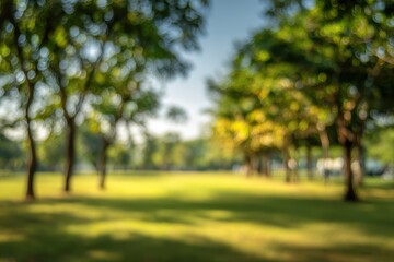 Blurry park scene, sunlit trees