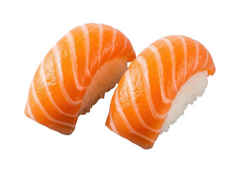 Two vibrant salmon nigiri, glistening orange salmon with white fat lines on white sushi rice, clean transparent background with bright studio lighting, food advertising concept