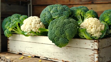 Freshly harvested broccoli and cauliflower displayed in a rustic wooden crate on a farm - Powered by Adobe