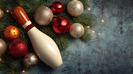 A white bowling pin rests among colorful Christmas ornaments and pine branches. The scene is festive, highlighting holiday decorations and a playful bowling theme. copy space