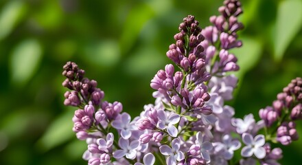 Fototapeta premium Close up of lilac flowers in bloom with green leaves in the background outdoors