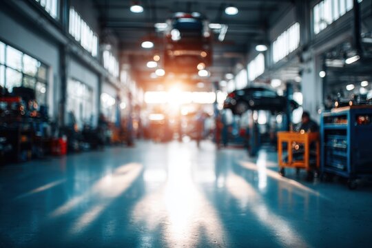 Blurred auto repair shop interior