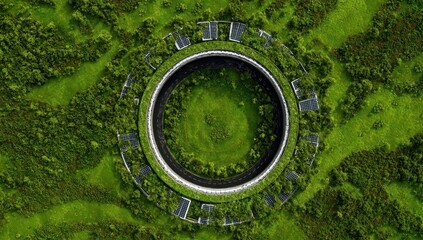 Circular green structure in a grassy landscape