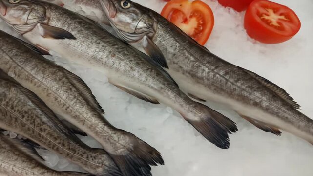 Fresh Catch of Grey Cod on Ice - Several whole grey cod are displayed on a bed of ice at a fish market or grocery store.