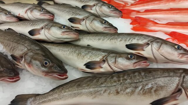 Fresh Cod on Ice at Fish Market - A close-up shot of several fresh cod fish lying on a bed of ice at a fish market.