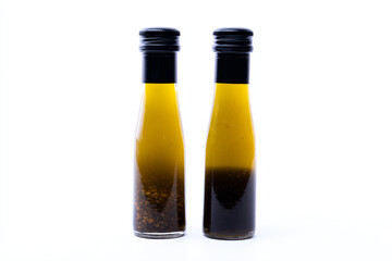 two bottles of olive oil and a bottle of mustard