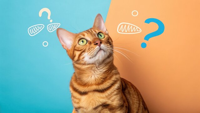 A curious bengal cat looking up with question marks and thought bubbles, symbolizing curiosity and thinking, against a split blue and orange background