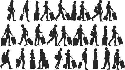 Traveler silhouettes with luggage, walking poses, airport passengers, suitcase-carrying figures, travel vector illustration for tourism, transportation, vacation, and global mobility themes