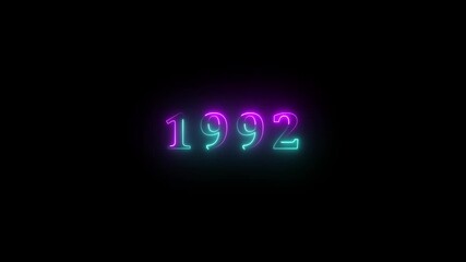 1992 neon line text. Abstract 1992 neon text animation ,For neon color Glowing neon number text background 4k video animation . 1992 title metal text on glowing text animation black background