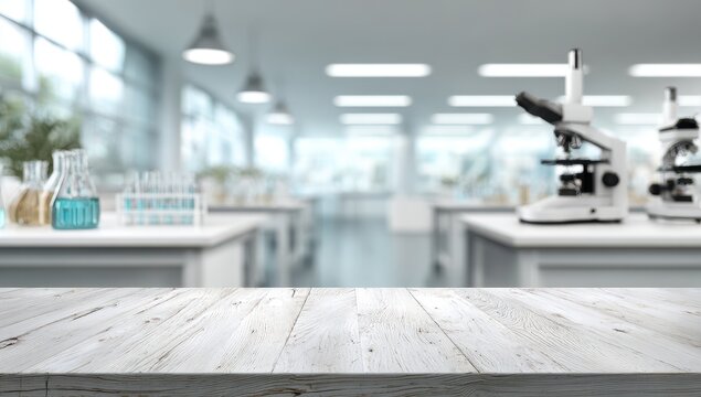 Empty light-colored wooden table top in front of a blurred modern laboratory