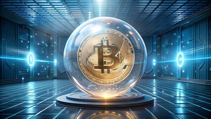 Bitcoin coin inside a glowing crystal sphere in a futuristic server room