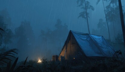 A solitary tent in a misty, rain-swept jungle at night. Dim light from a fire illuminates the campsite