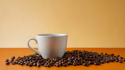 Naklejka premium cup of coffee, Spilled Coffee Beans Near White Cup on Orange and Yellow Background