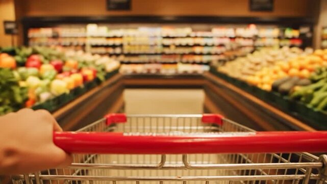Course avec chariot dans un supermarch&eacute;
