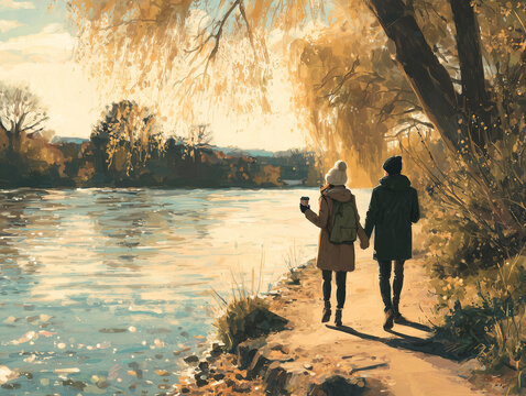 Couple walking along Thames River with warm drinks, autumn vibe
